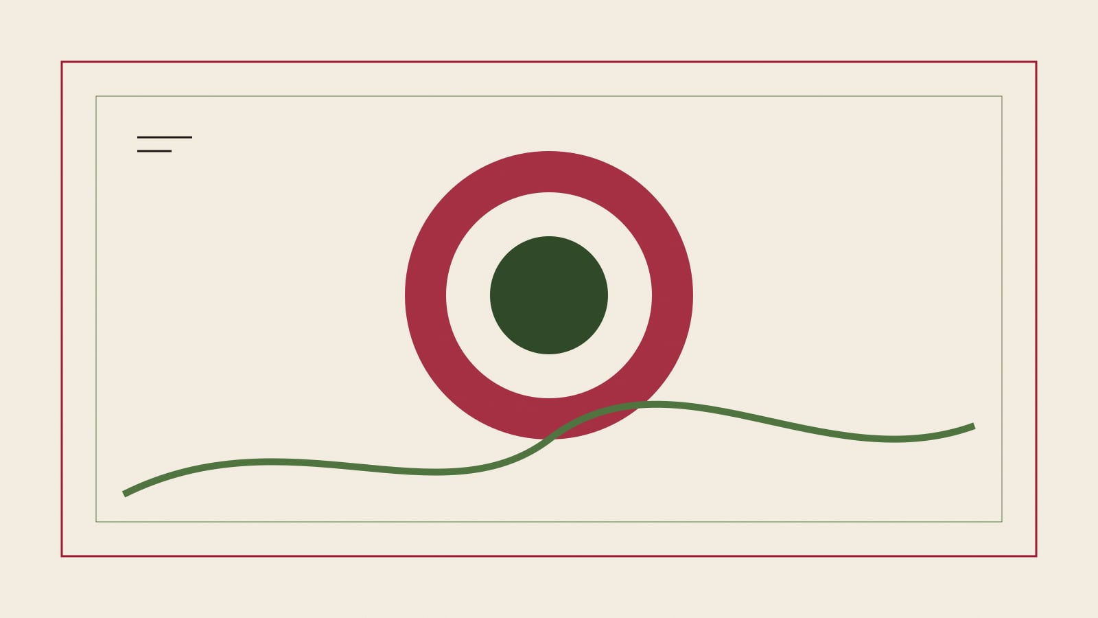Concentric lacquer-red and paddy-green discs inside a rectangular imperial frame on ivory paper.