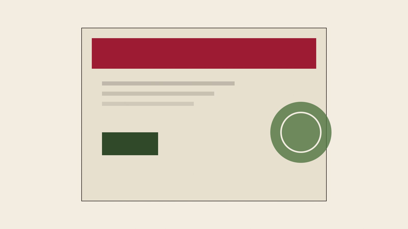 Abstract editorial document with a lacquer header bar and a paddy-green stamp circle on ivory paper.