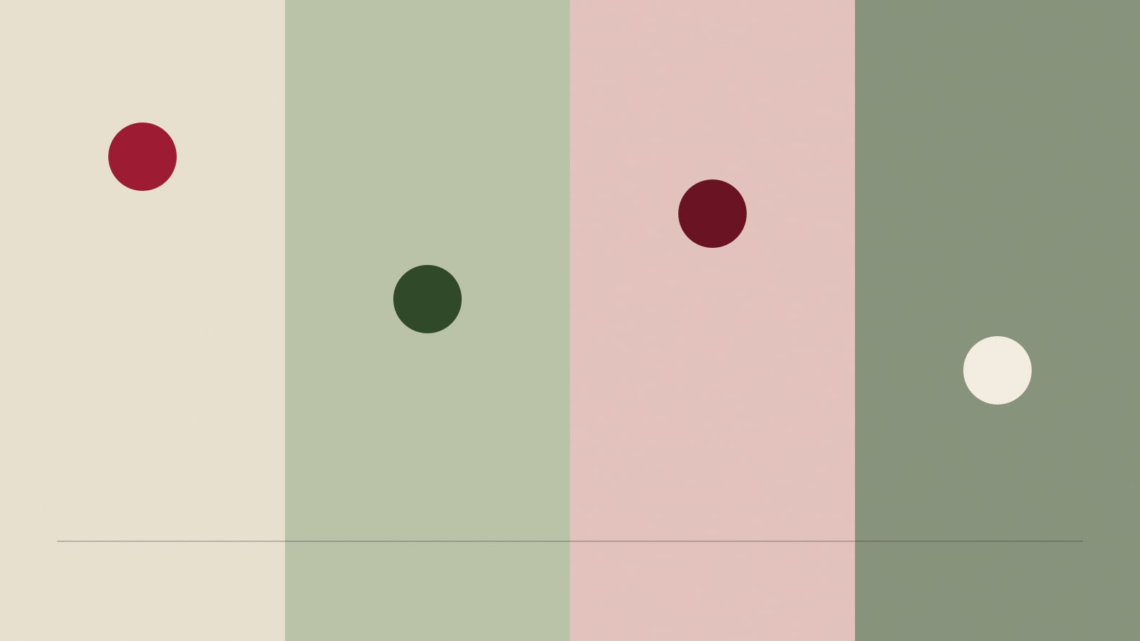 Four vertical seasonal bands in ivory, paddy green, lacquer wash, and deep green.